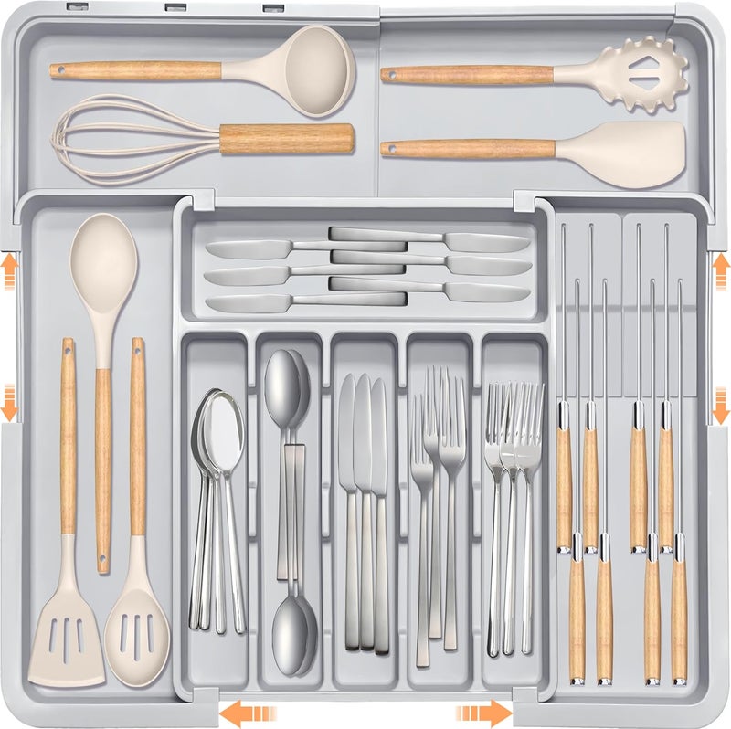 Homecor Silverware Drawer Organizer for Kitchen, Adjustable Utensil Drawer Organizer with 2 Knife Block, BPA Free Flatware and Cutlery Holder, Expandable Plastic Storage for Spoons Forks Knives(Grey) - Image 1